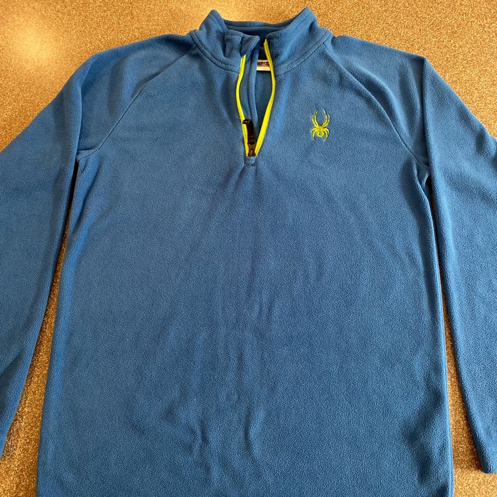 Blue and lime green Spyder fleece pullover with a front half zipper. Size boy XL